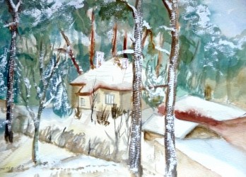 Blick zum Nachbarhaus im Winter (1982)